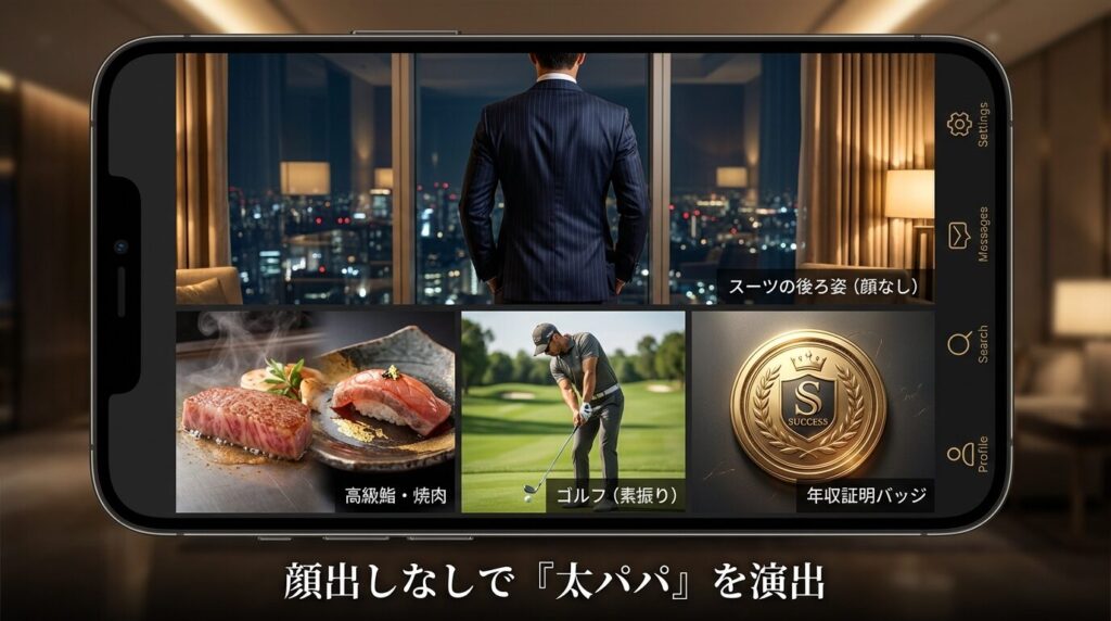 パパ活アプリで身バレしないプロフィール写真の構成例。スーツの後ろ姿、高級グルメ、ゴルフなどのサブ写真で年収とステータスを証明する方法。