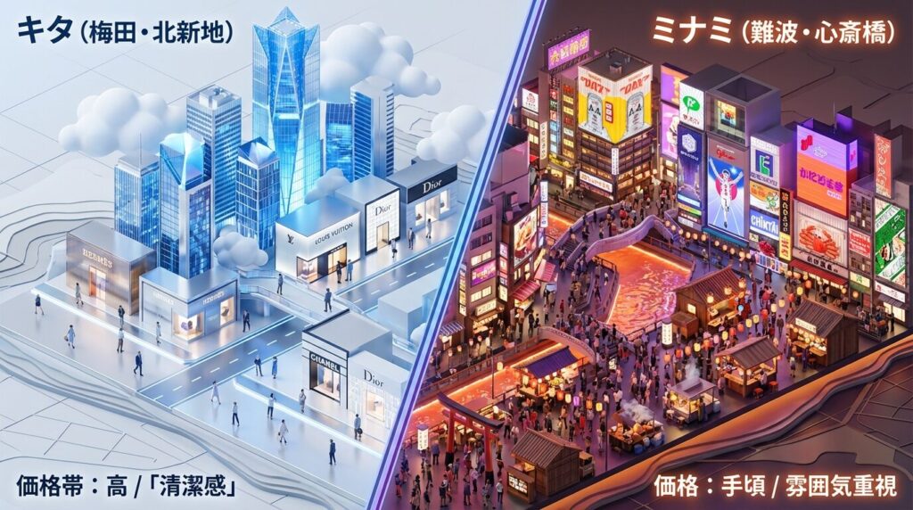 大阪パパ活のエリア別相場と特徴を示した比較図。キタ（梅田）の高級志向とミナミ（難波）のカジュアル・ノリ重視の違いを左右対比で解説。