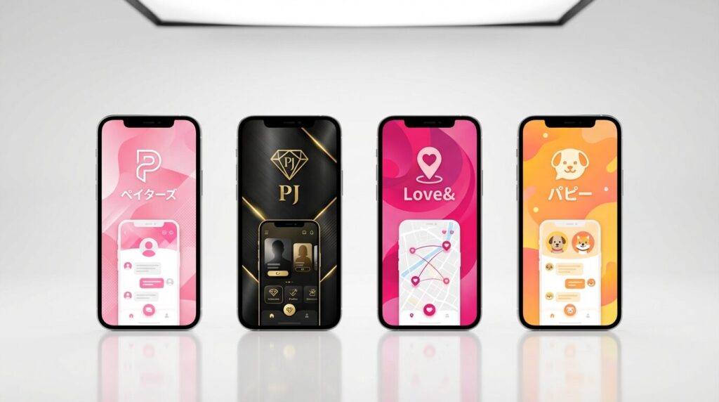 大阪でおすすめのパパ活アプリ4選（ペイターズ、PJ、ラブアン、Pappy）の特徴をスマホ画面で比較した図解。会員数や機能の強みを一目で確認できる。