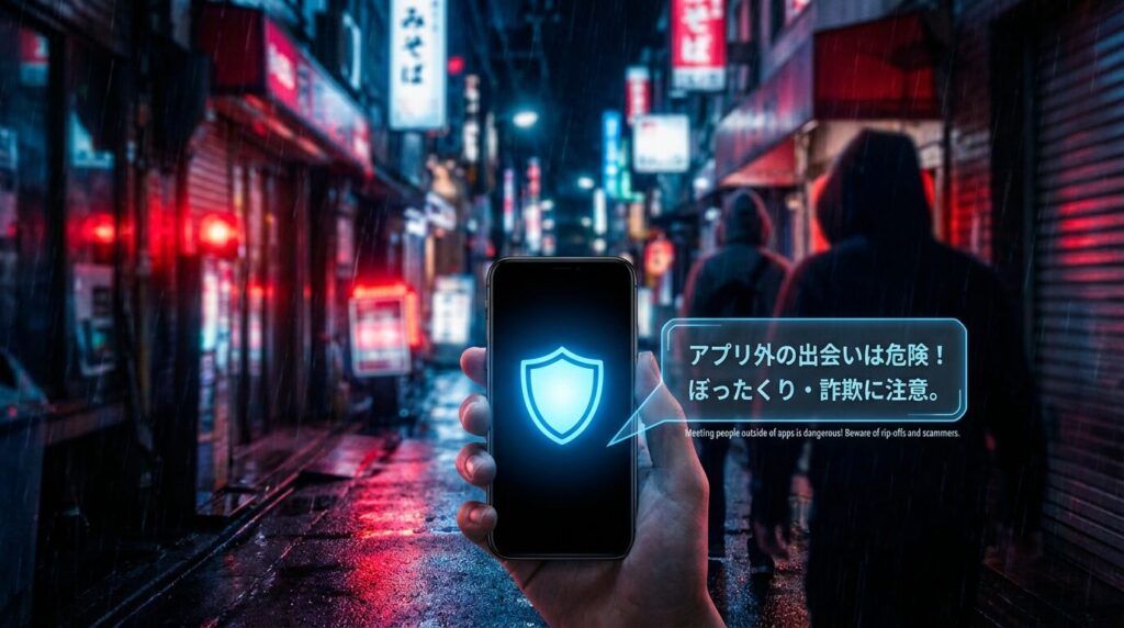 大阪パパ活における危険な出会いと安全なアプリ利用の対比イメージ。ぼったくりバーや業者などのリスクを避け、アプリ内で安全に活動することを啓発する図。