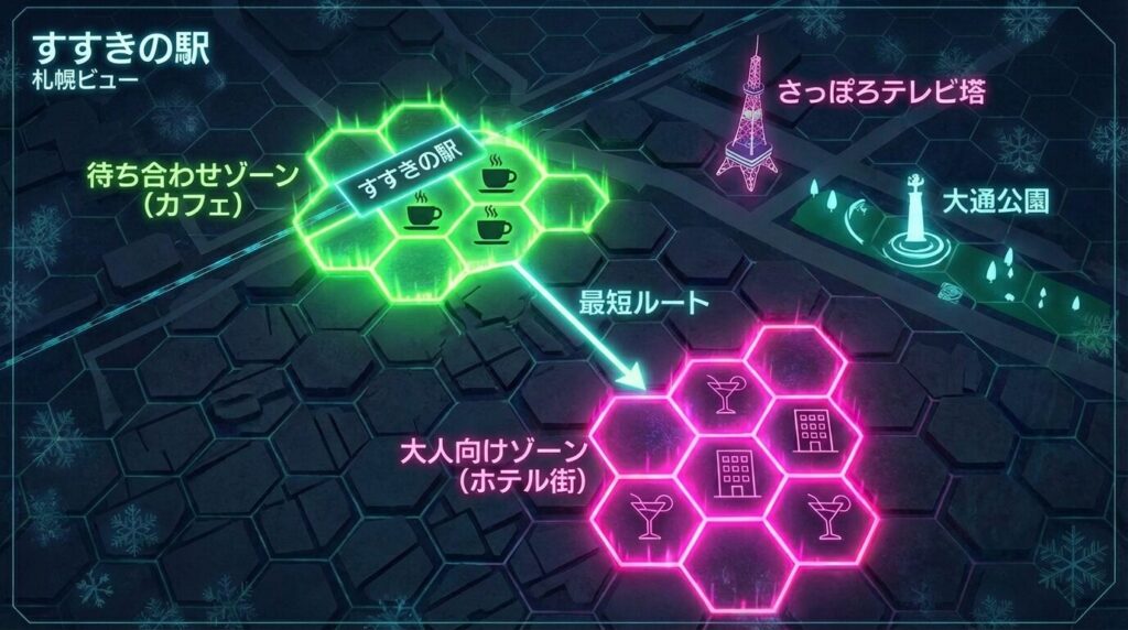 札幌・すすきの駅周辺のパパ活顔合わせにおすすめなカフェとコスパの良いホテルの位置関係マップ