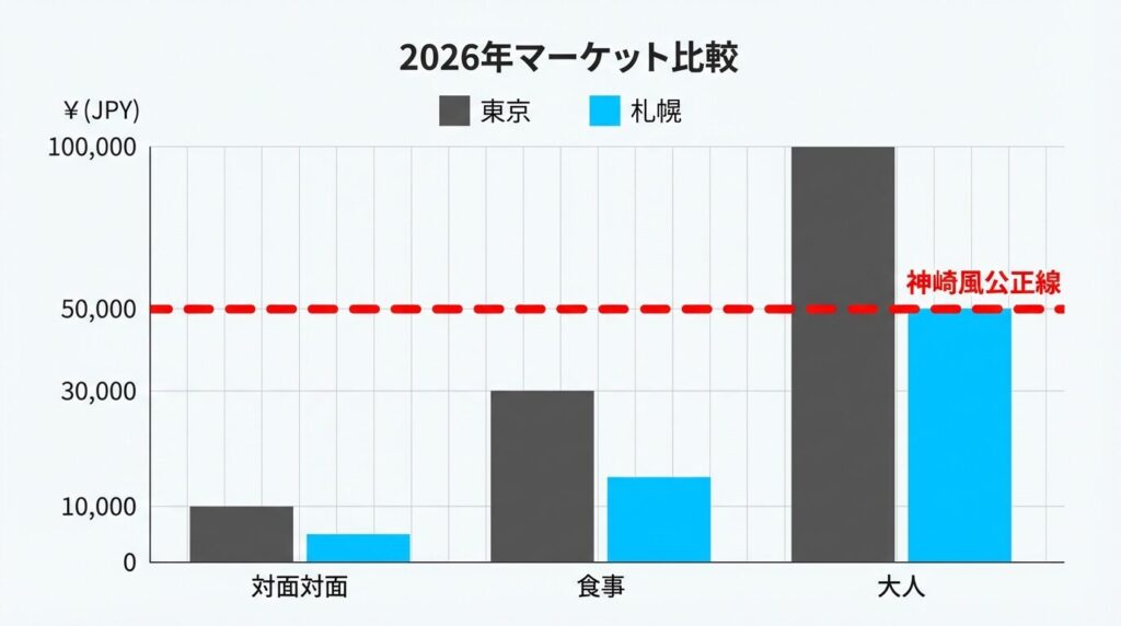 2026年最新の札幌・すすきのエリアと東京のパパ活お手当相場（顔合わせ・食事・大人）の金額比較グラフ
