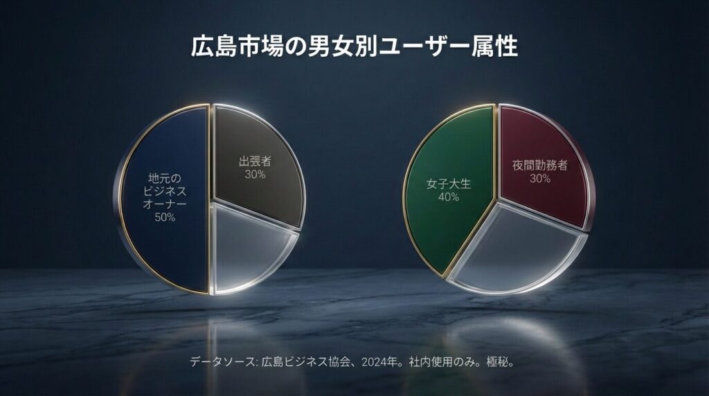 広島のパパ活市場における男女別ユーザー属性の割合を示す円グラフ