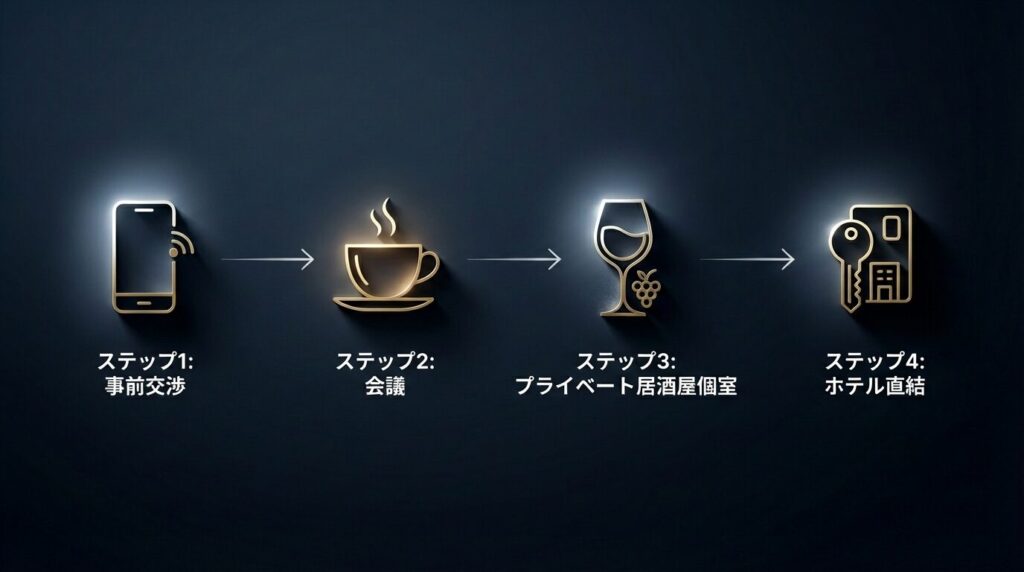 広島駅周辺での顔合わせから流川での食事、ホテル誘導までの最短ルート図解