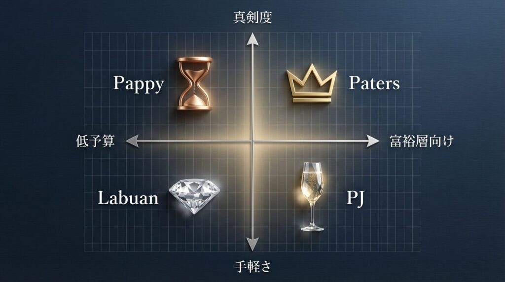 広島で使えるパパ活アプリ4選の目的・予算別マトリクス比較図