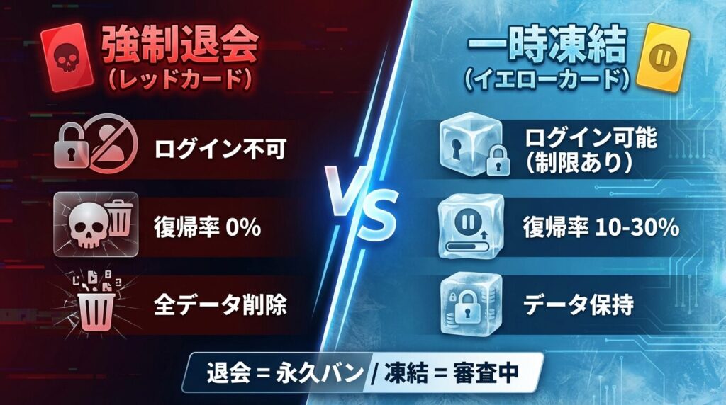 ラブアンにおける強制退会（永久追放）と凍結（一時停止）の違いを比較した表。ログイン可否や復活の可能性を図解。