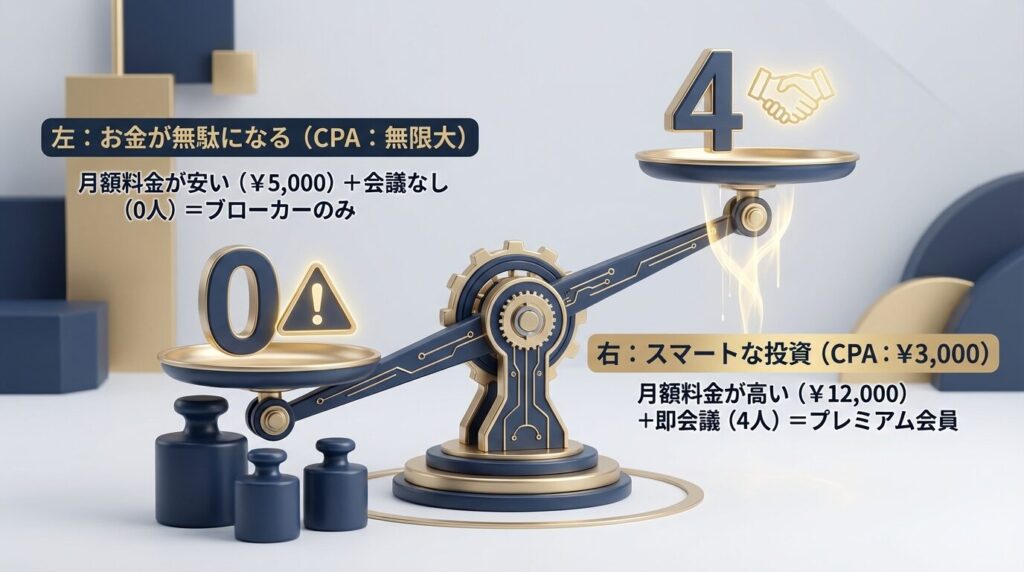 月額料金の安さと1人あたりの獲得単価(CPA)を比較した天秤の図解