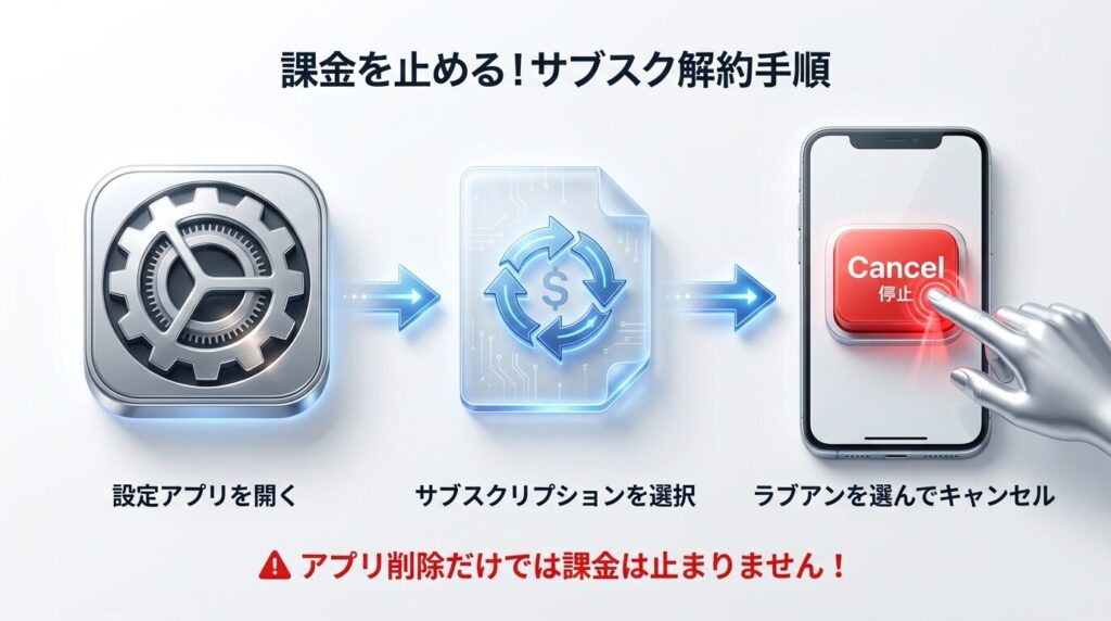 ラブアン強制退会後の課金停止手順。設定アプリ起動、サブスクリプション選択、解約実行の3ステップを示すフローチャート。