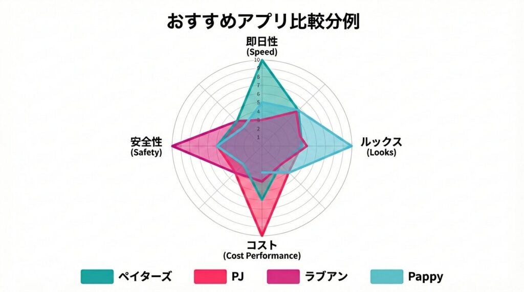 大人目的・セフレ構築におすすめのパパ活アプリ4選(ペイターズ・PJ・ラブアン・Pappy)の比較レーダーチャート