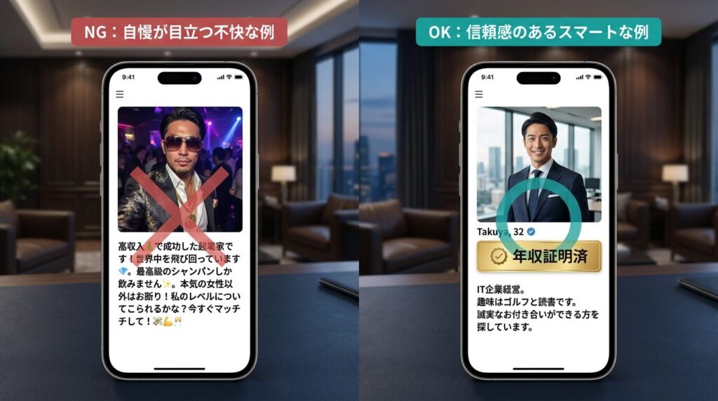 パパ活アプリにおける悪いプロフィールと良いプロフィールの比較画面