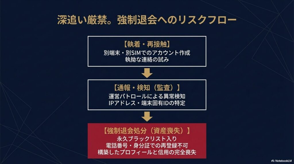 PJアプリの強制退会とブラックリスト登録の仕組み。電話番号と身分証で再登録が拒否されるフロー図。