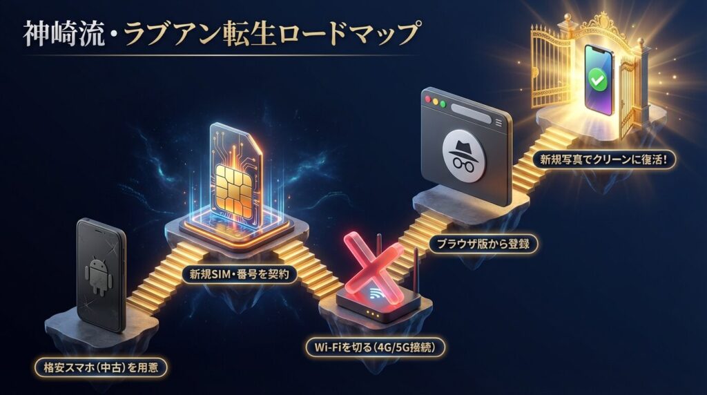 ラブアン再登録のための「完全転生」ロードマップ。古い端末を捨て、新規端末・SIM・ブラウザ経由で復活するまでの道筋を描いたアイソメトリック図。