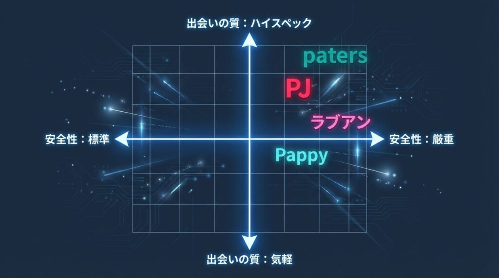 パパ活アプリ4社の安全性と出会いの質によるポジショニングマップ