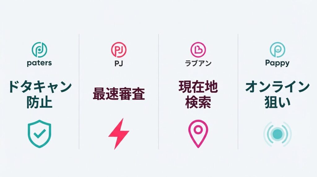 即日デートに強いパパ活アプリ4選(ペイターズ、ラブアン、Pappy、PJ)のロゴと主な即会い機能の比較図