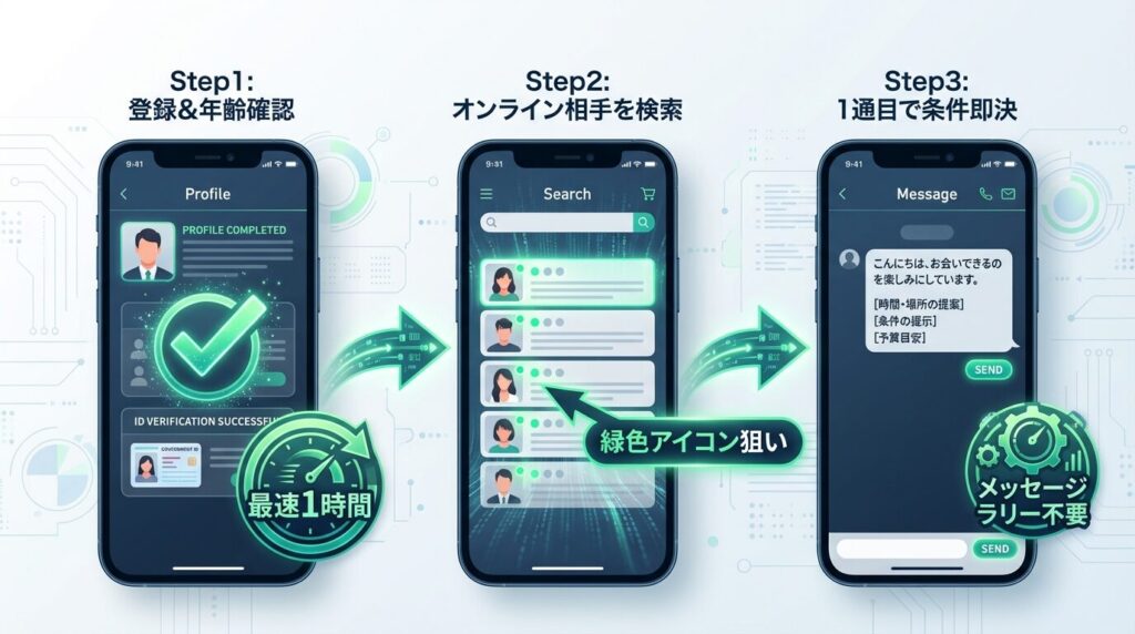 パパ活アプリに登録してから即日デートの約束を取り付けるまでの最速3ステップ(登録・審査、オンライン検索、条件即決)の手順図
