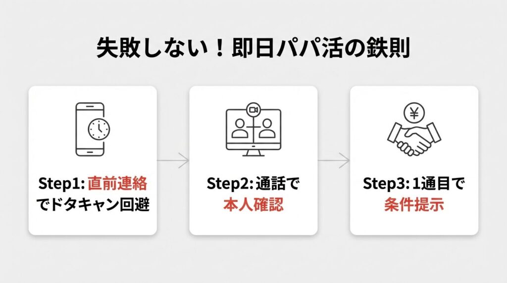 即日パパ活でドタキャンや業者を回避するための3つの鉄則(直前連絡、通話での本人確認、初回メッセージでの条件提示)のフロー図