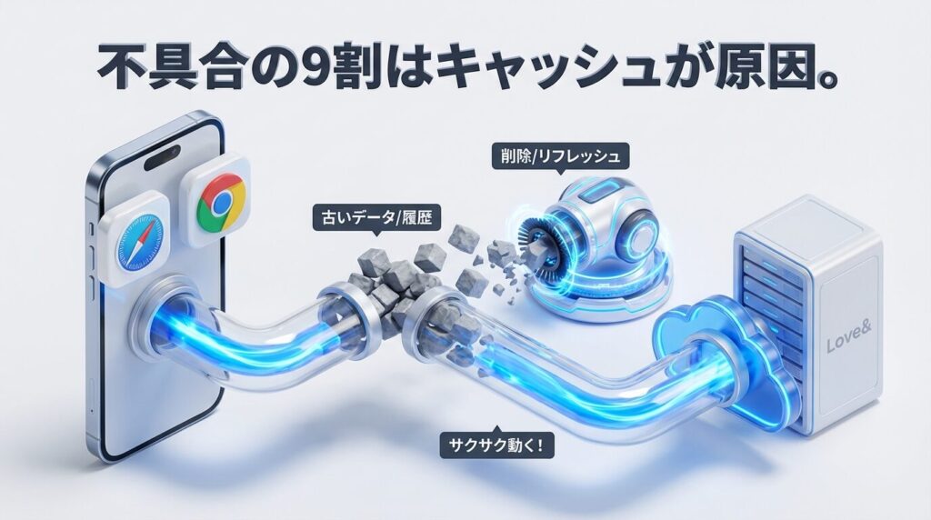 ラブアンはアプリではなくWebブラウザ（PWA）を使用。SafariやChromeのキャッシュ削除が不具合解消の鍵であることを示すテクニカルイラスト