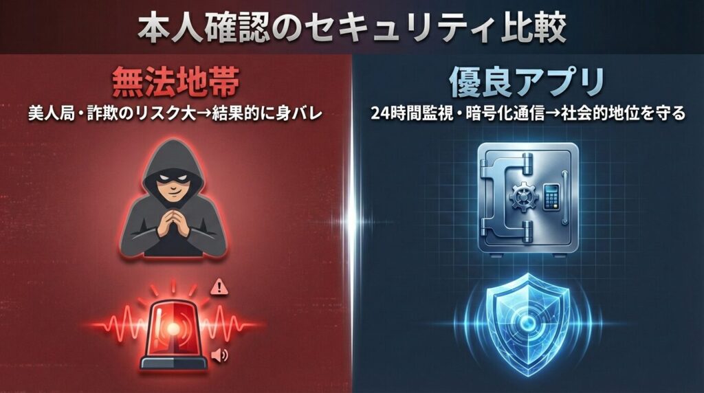 パパ活アプリにおける身分証提出の有無による安全性とリスク(違法アプリの美人局リスクなど)の比較図