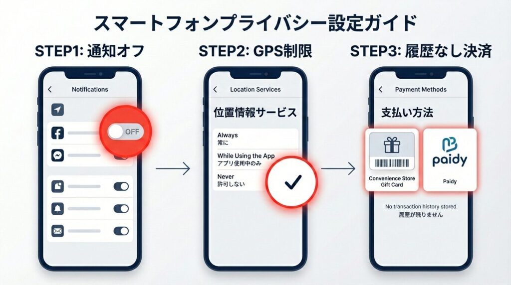 スマホで完結するパパ活アプリの身バレ完全防御3ステップ(通知オフ、GPS制限、履歴の残らない決済)の手順図