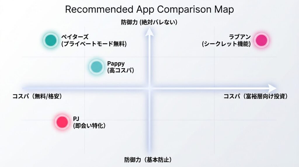 身バレ防止機能の強さとコスパ(追加料金)で比較したおすすめパパ活アプリ4選(ペイターズ、Pappy、ラブアン、PJ)のマトリクス図