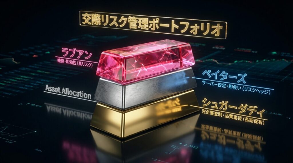 パパ活アプリのリスク分散ポートフォリオ図。ラブアン、ペイターズ、シュガーダディを金融資産に見立てて使い分け、機会損失を防ぐ戦略イメージ