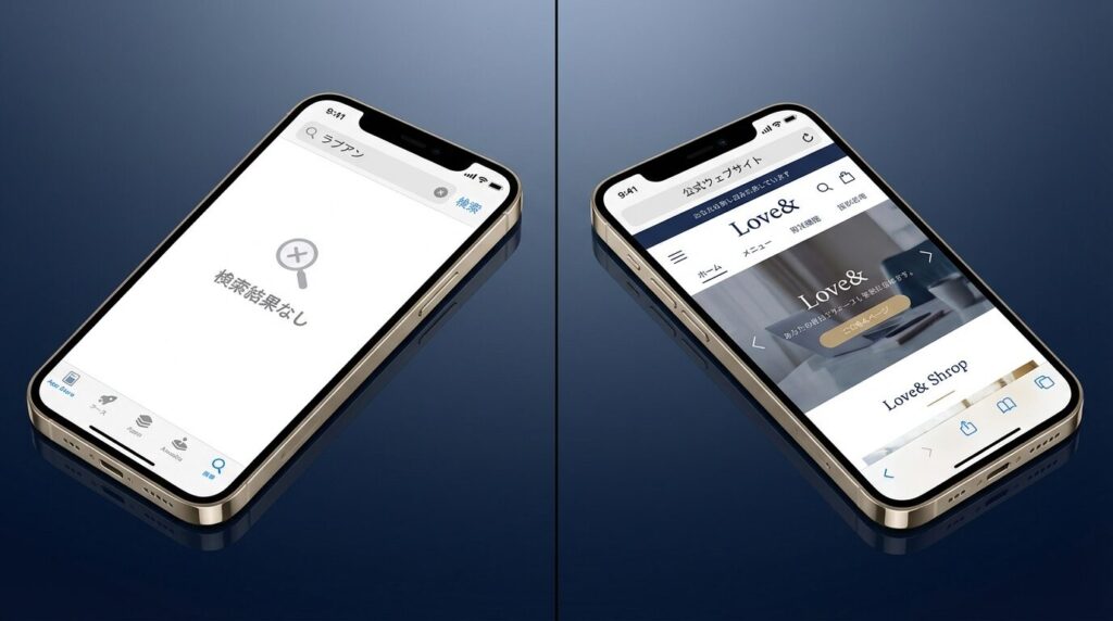 ラブアンのアプリ検索結果とWeb版公式サイトの比較図