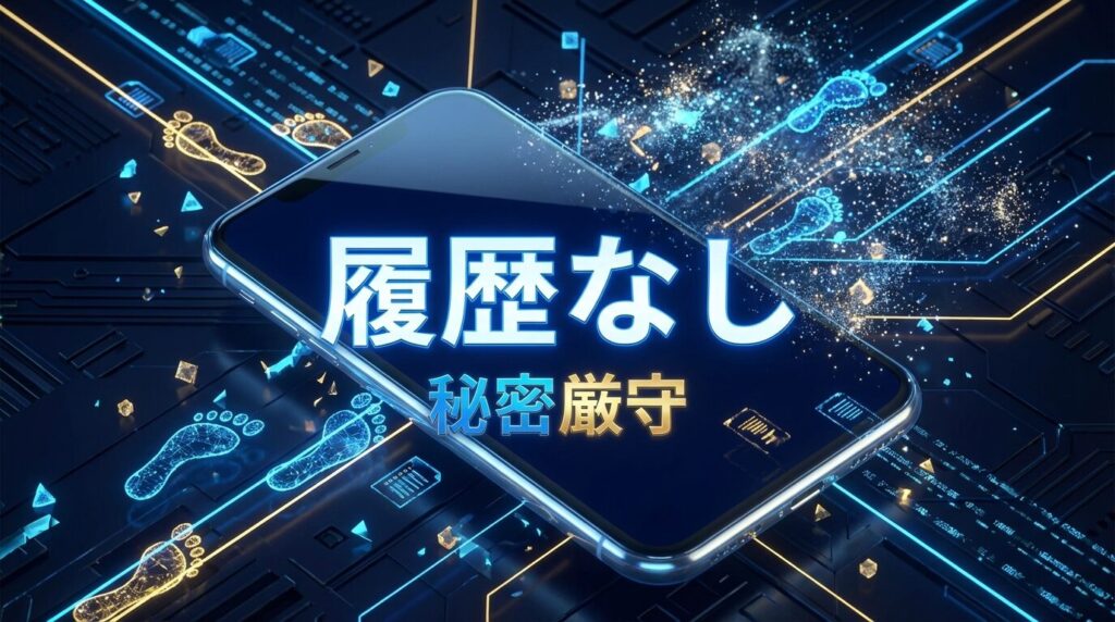 スマートフォンの画面に「履歴なし」「秘密厳守」と表示され、データが消去されていく様子を表したイメージ図