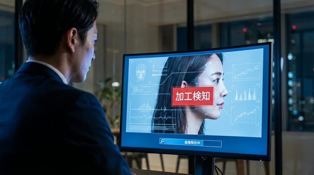 PCモニター上で女性の写真を分析しており、「画像解析中」「加工検知」という警告が表示されている様子