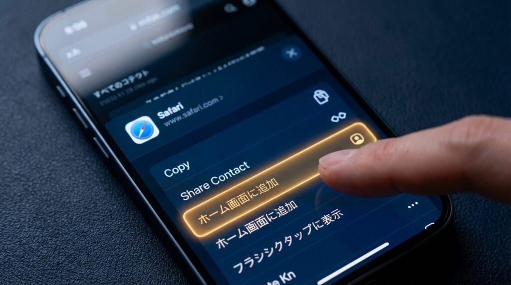 iPhoneのSafari画面で、共有メニューから「ホーム画面に追加」を選択している瞬間のスクリーンショット風イメージ