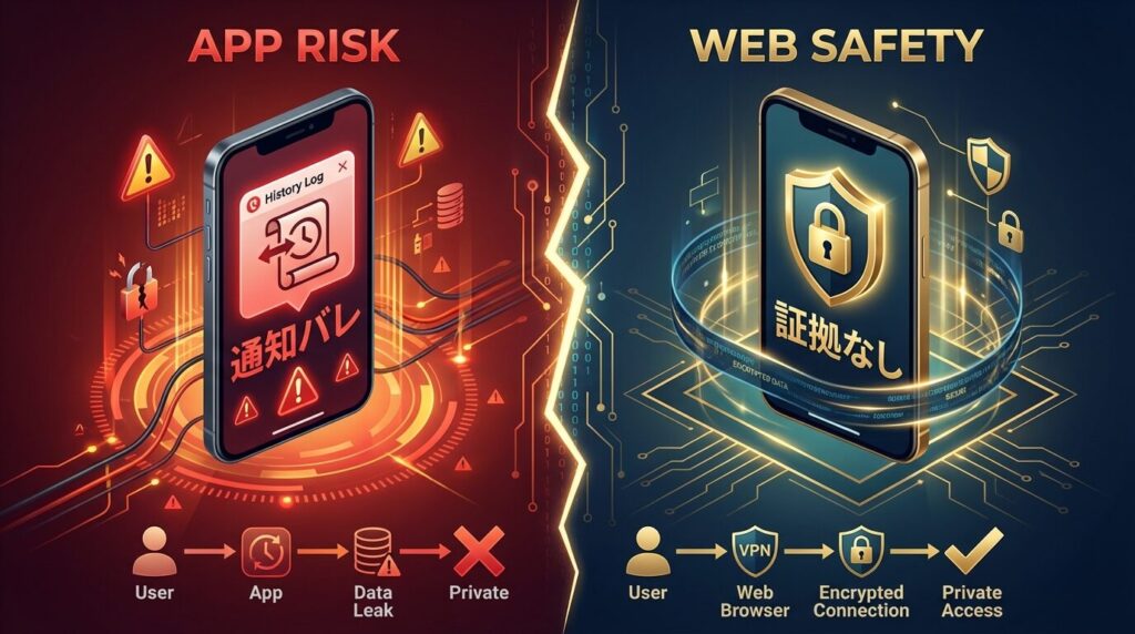 アプリ版は「通知」や「履歴」のリスクがある一方、Web版は「証拠なし」で安全であることを対比させた天秤または分割画面の図解