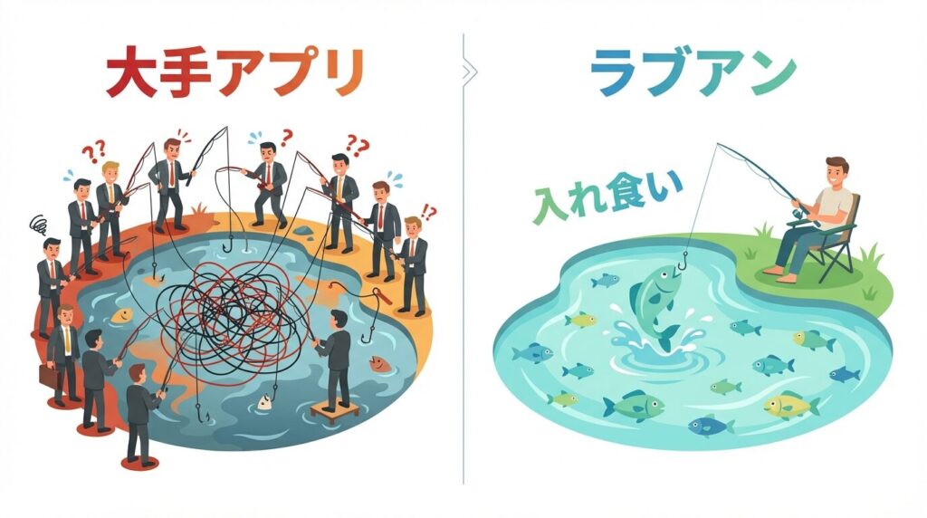 大手パパ活アプリとラブアンの競争率の違いを釣り堀で比較した図解