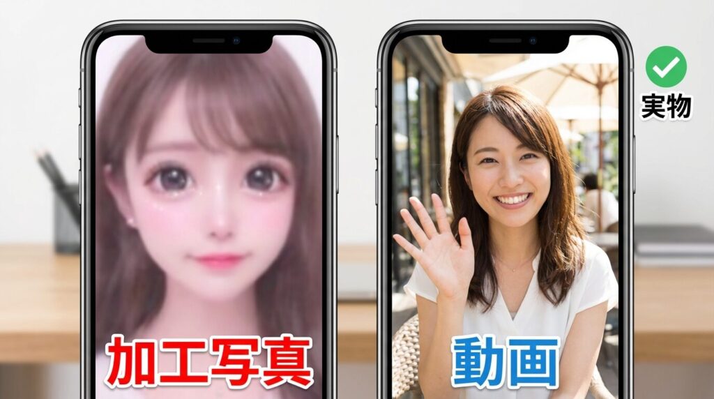 写真詐欺の女性と動画で実物がわかる女性のスマホ画面比較