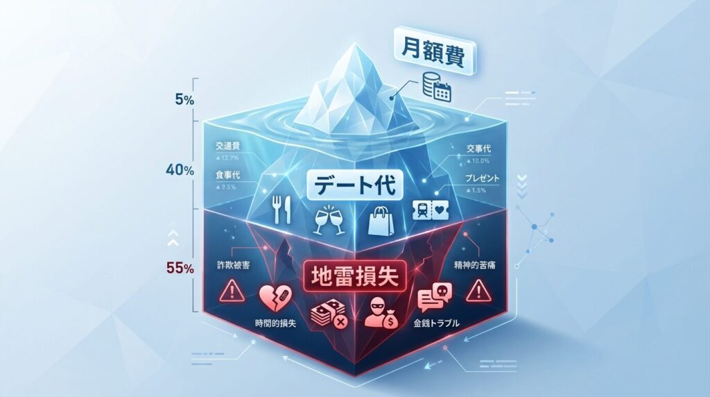 パパ活の総コスト構造図解。月額料金よりもデート代や地雷による損失の方が大きいことを示すピラミッド図。