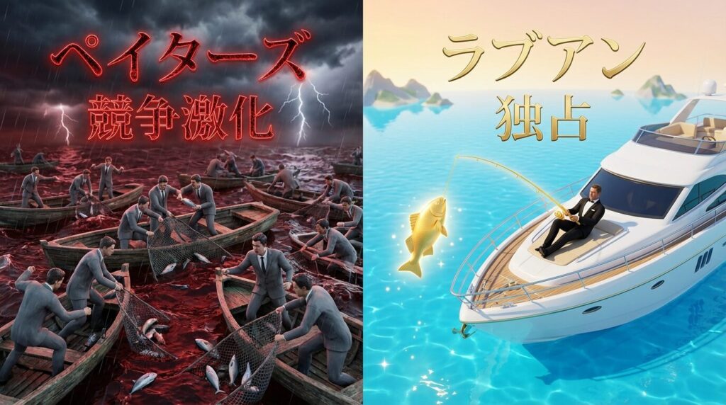 ペイターズとラブアンの競争環境の比較図。競争が激しく消耗するレッドオーシャンと、ライバル不在で高品質な女性を独占できるブルーオーシャンの対比。