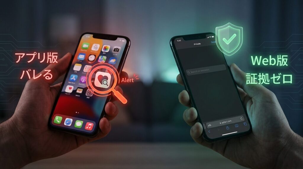スマホのホーム画面における身バレリスクの比較。アプリアイコンが残るアプリ版と、証拠が一切残らないWebブラウザ版の違い。