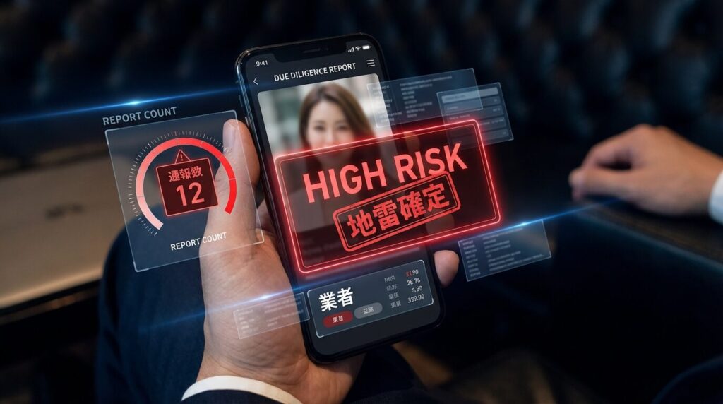 ラブアンの分析機能による与信調査画面。通報数やメッセージ人数が可視化され、パパ活業者や地雷ユーザーを警告しているスマホ画面のイメージ。