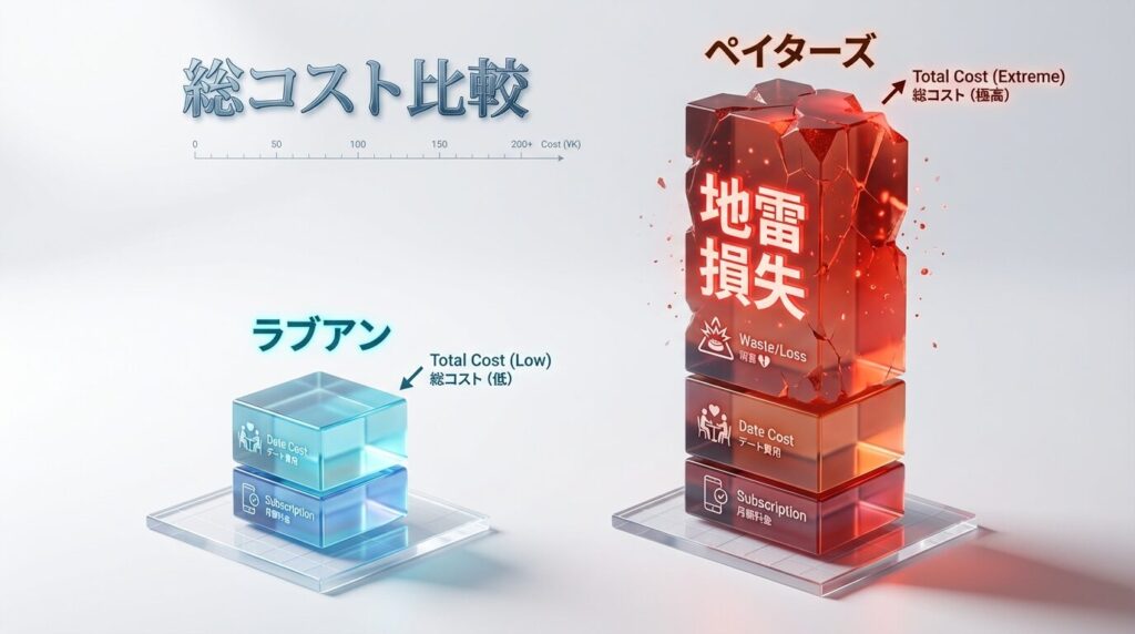ラブアンとペイターズの総コスト比較グラフ。ペイターズは月額費に加え「地雷損失」が膨大にかかり、トータルコストが倍以上になることを示す図。