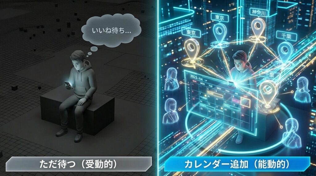 Pappyでただ待つだけの状態と、カレンダー機能に予定を登録して露出が増えた状態の比較イメージ図。