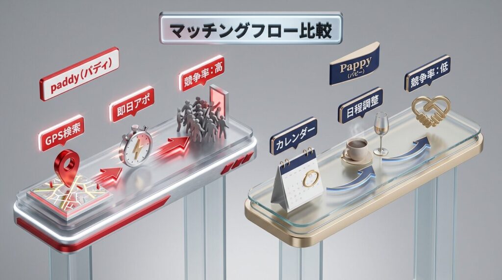 左側にpaddyの「GPS・即日・高競争」なフロー、右側にPappyの「カレンダー・計画的・低競争」なフローを対比させた、高品質な3Dアイソメトリック図解。