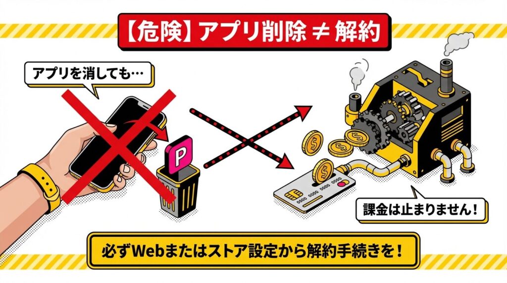 Pappyアプリを削除しても解約にはならない注意喚起図。サブスクリプション課金が継続する仕組みの解説。