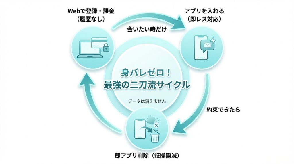 Pappyを身バレせずに使うための二刀流サイクル図。Webで課金、アプリで連絡、即削除の流れ。