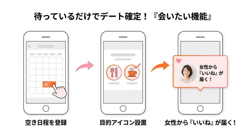 appy(パピー)の会いたい機能（カレンダー）の使い方。空き日程にアイコンを登録するだけで女性からいいねが届く仕組みの図解。