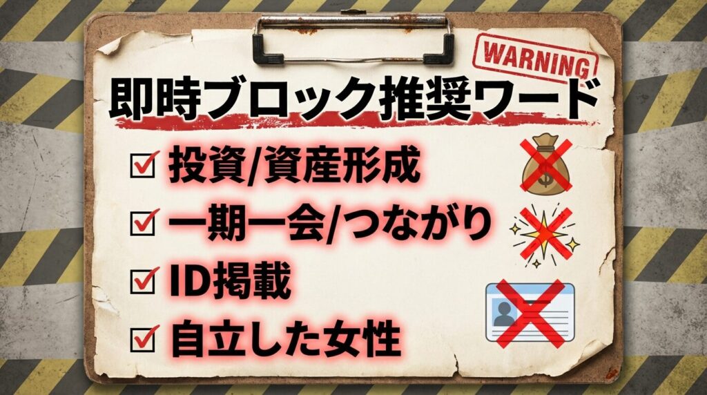 ラブアンのプロフィール文に含まれる要注意キーワード一覧（投資、一期一会、ID掲載など）。