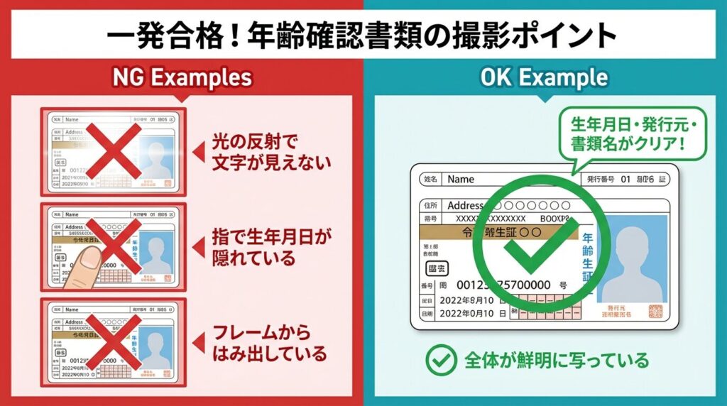 Pappy(パピー)の年齢確認書類（免許証など）の正しい撮影方法。光の反射や指での隠れによる審査落ちNG例と比較。