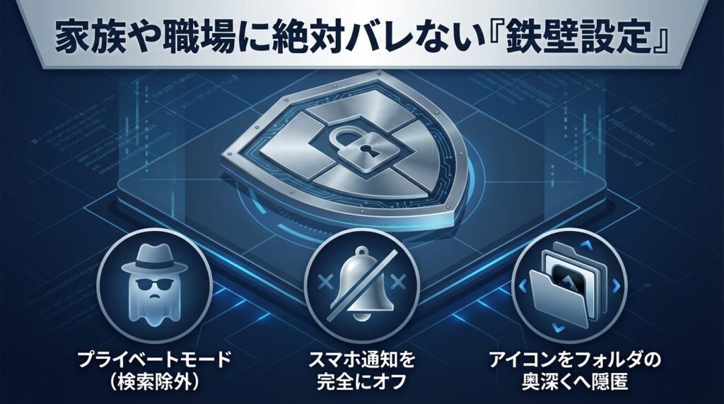 Pappy(パピー)で身バレを防ぐ3つの設定。プライベートモード、通知オフ、アイコン隠しのアイコン図解。