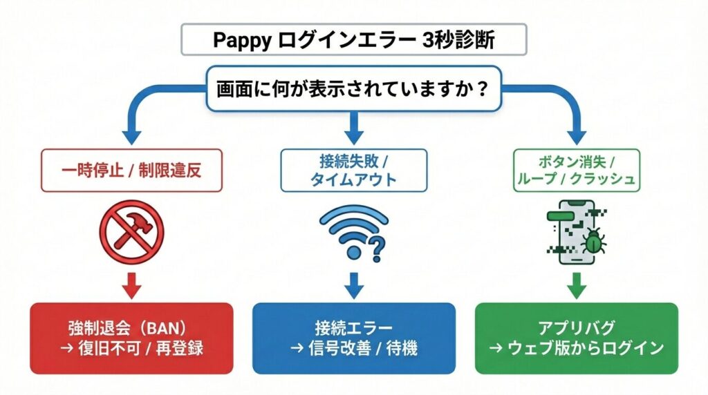 Pappyのログインエラー原因を特定するフローチャート図。エラーメッセージから強制退会、通信エラー、アプリバグを判別する手順。