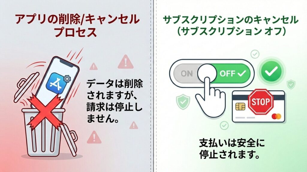 Pappy(パピー)における「退会（データ削除）」と「解約（課金停止）」の違いを比較した図解。