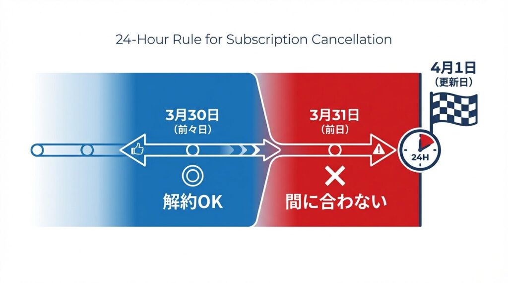 Pappy(パピー)の解約タイミングにおける「24時間前ルール」の解説図。更新日の前日はアウト、前々日はセーフであることを示す。