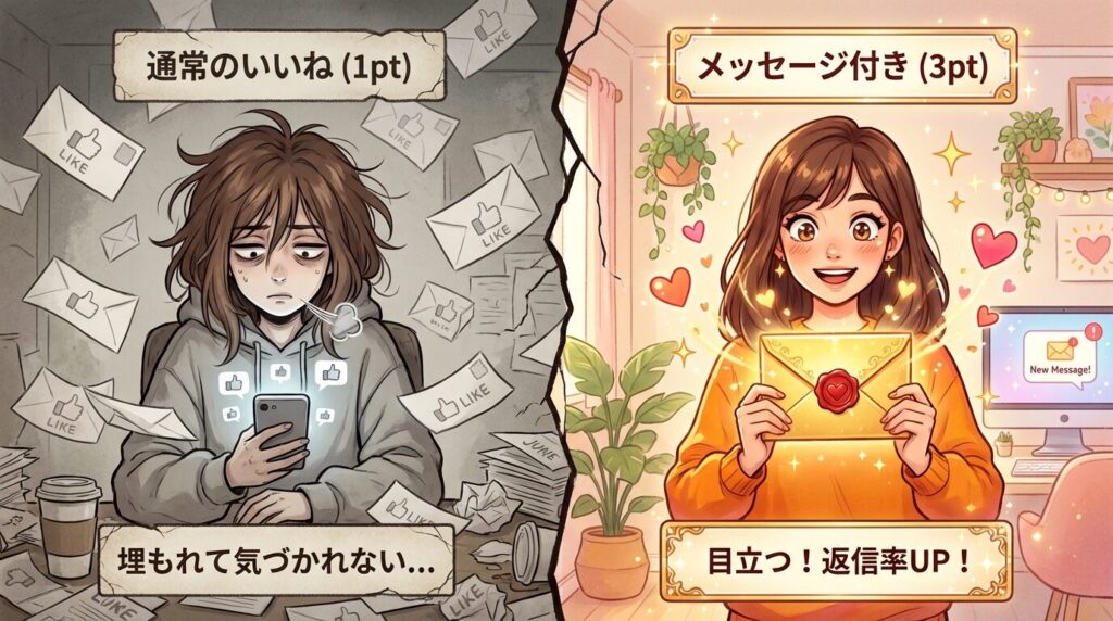 Pappy(パピー)のポイント活用戦略図。通常のいいねは埋もれるが、メッセージ付きいいねならマッチング率が上がる比較イメージ。