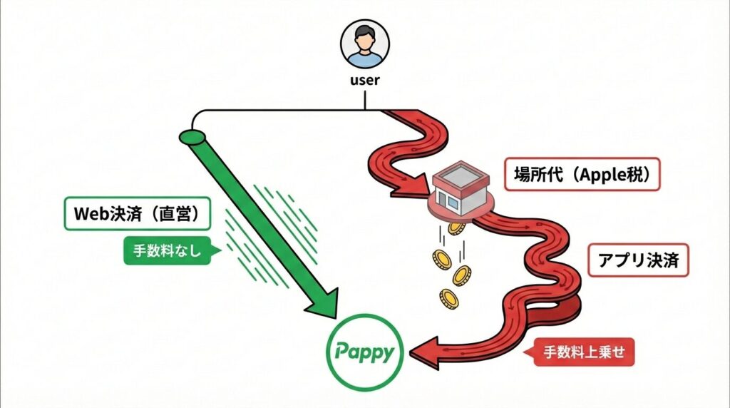 Pappyの決済手数料の仕組み図解。アプリストア経由だと中間マージン（Apple税）が発生するが、Web直営店なら手数料ゼロで安い。